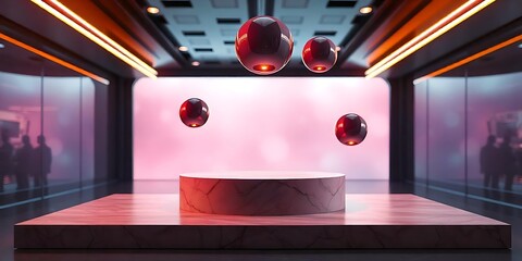 A modern scene depicts floating red orbs above a platform, showcased in a content management system	