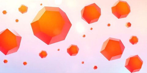 Floating orange faceted shapes are on a soft gradient background.