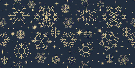 Seamless pattern of golden snowflakes on a dark background.  Christmas. Gift wrapping. Print on paper and textiles. Vector illustration