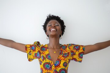 A woman spreading her arms and legs wide, suspended in mid-air