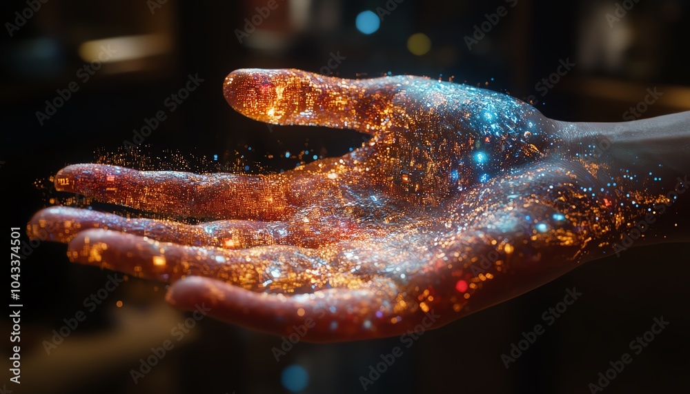 Poster intriguing visualization of a hand made of digital elements engaging with data streams, representing