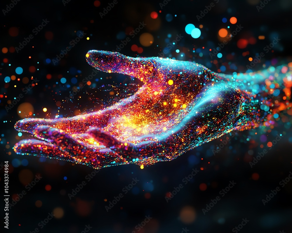 Poster vivid depiction of a digital hand interfacing with colorful data flows, symbolizing advancements in 