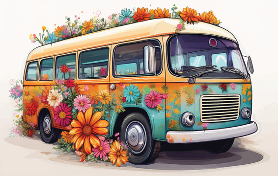 Floral Old bus isolated on white,Hippie vintage bus, retro car, hand-drawing, cartoon transport with airbrushing. Bright yellow purple bus painted colorful flowers. Isolated vector illustration