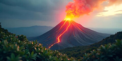 An erupting volcano is shown with bright lava flowing down its side against a moody sky. 