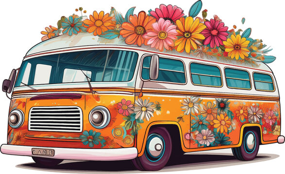 Floral Old bus isolated on white,Hippie vintage bus, retro car, hand-drawing, cartoon transport with airbrushing. Bright yellow purple bus painted colorful flowers. Isolated vector illustration