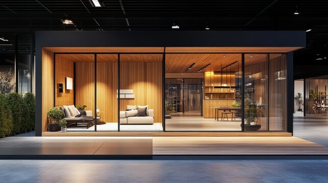 Modern prefab house with a wooden facade and large glass panels, showcased in a contemporary showroom.