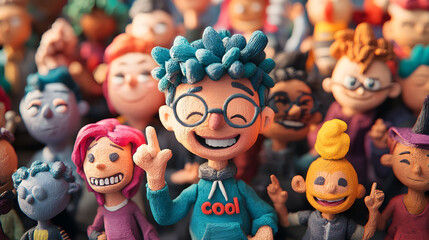 Naklejka premium A vibrant and festive scene showcasing colorful Chinese New Year decorations featuring a cheerful clown doll wearing a mask, surrounded by playful toys and carnival elements, perfect for celebrating t