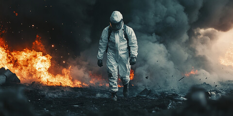 Obraz premium A worker in full protective gear, including a gas mask and hazmat suit, walks through a hazardous industrial environment with fire and smoke in the background