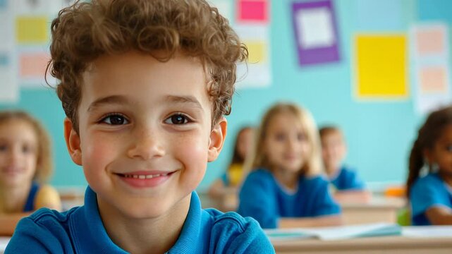A young Caucasian boy smiles in a colorful classroom setting, representing back-to-school and education concepts