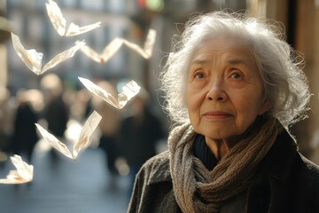 Memory Care Tips. Elderly woman with gray hair thoughtful expression outdoors soft lighting street scene blurred background peaceful mood reflective moment memory care wellness