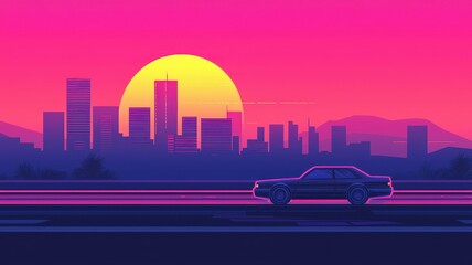 A vibrant retro art scene featuring a car driving along a highway with a sunset backdrop over a city skyline.