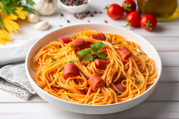 Hot dog or sausage stuffed with spaghetti in tomato sauce