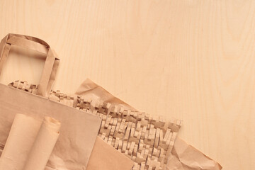 Eco-friendly packaging cushioning materials made of recycled paper for environmental protection, zero waste concept of sustainable consumption and environment protection