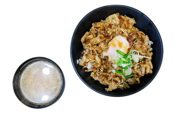 Top view of Grilled Pork Rice Bowl, focus selective