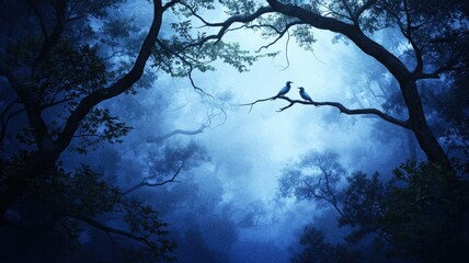 Obraz premium A serene, moonlit scene featuring dark trees and two birds perched on a branch, creating a tranquil, mystical atmosphere.