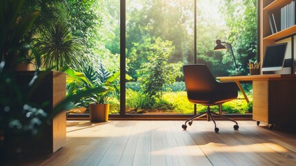 Parquet-floored open office with glass windows, showcasing a peaceful garden view and modern workspace furniture.