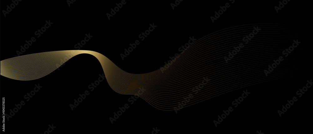 Aufkleber abstract vector wavy lines flowing smooth curve gold gradient light color on black background in con