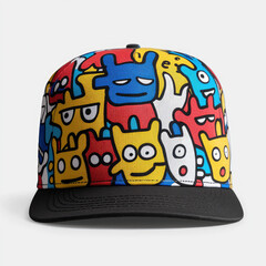 Fototapeta premium colorful baseball cap with a black brim with a pattern of cartoonish, abstract faces in blue, yellow, red, and white