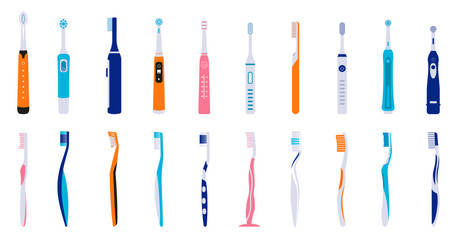 A set of ordinary and electric colored toothbrushes.