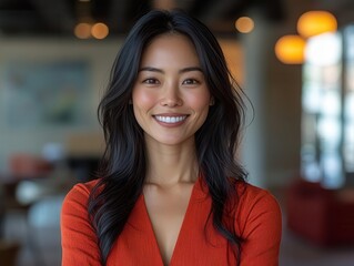 Obraz premium joyful asian businesswoman celebrating a significant achievement in a modern office, her black hair framing a beaming smile, embodying success and confidence in a vibrant, professional setting