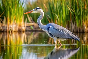 Fototapeta premium Graceful grey heron hunts from the sky, a captivating aerial perspective.