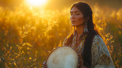 Naklejka premium Spiritual Woman with Powwow Drum in Sunlit Ritual Scene in Nature with Mystical Atmosphere