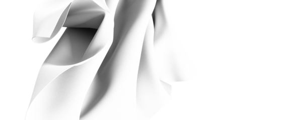 A close-up of a white fabric drape. The fabric is smooth and flowing, creating a sense of movement and elegance. The image is abstract and minimal, with a focus on the texture and form of the fabric.