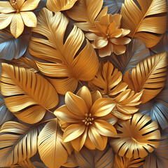 3D Vector gold leaf pattern. Floral luxury wallpaper, art deco botanical illustration.