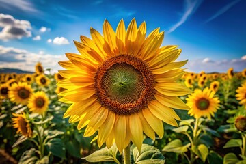 Obraz premium Golden sunlight paints a single sunflower, a radiant bloom amidst a field of gold.