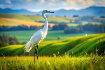Fototapeta premium Graceful white crane against verdant grass, a breathtaking landscape.
