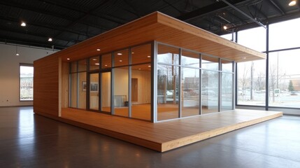 Obraz premium Wooden modular home with floor-to-ceiling windows, set up for display inside an industrial showroom.