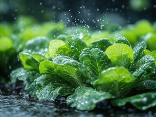 lettuce plants thrive under a gentle sprinkle of water in a vibrant garden, showcasing lush greenery and healthy growth, symbolizing nurturing and sustainability