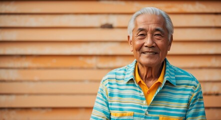 southeast asian elderly man summer vacation bright background wearing fashion portrait