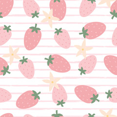 Seamless baby patterns strawberry on a striped pattern. Hand-drawn design in cartoon style. design for Newborn apparel, textiles, wallpaper, decoration