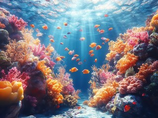 Fototapeta premium lively underwater coral reef bursting with colorful tropical fish and flourishing marine life, illuminated by sunlight filtering through crystal-clear ocean waters, creating a vibrant aquatic paradise