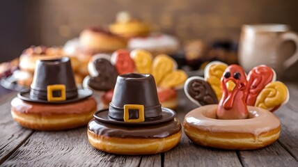 Pilgrim hat and turkey-shaped donuts on a wooden table