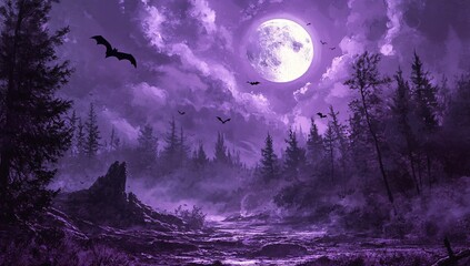 Naklejka premium A mystical Halloween night sky filled with bats and a glowing moon over a dense forest landscape