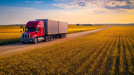 Red Lorry with Dual Trailers Navigating Alberta Farmland at Sunset for Agribusiness