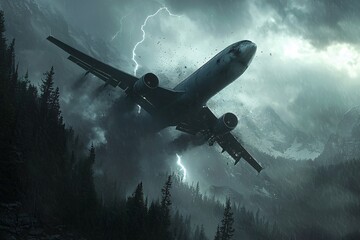 Naklejka premium Dramatic Airplane in Stormy Mountain Landscape