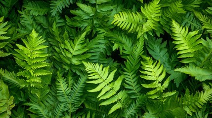 Close-up of thick fern leaves layered together, creating a deep green textured pattern, low natural lighting, high contrast