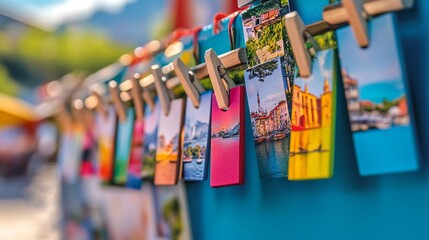 Fototapeta premium Colorful travel postcards hanging on clothesline with wooden clips, showcasing vibrant destinations and scenic views, blurred background for depth effect.