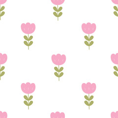 Seamless pattern flowers on white background. Hand drawn design in cartoon style. Used for textiles, fashion prints, wallpapers, vector illustrations
