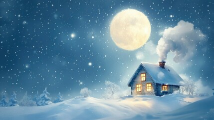 Fototapeta premium Cozy cabin with smoke in snowy landscape under bright full moon sky in winter wonderland