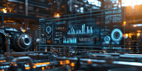 Fototapeta premium A high-tech control interface displays real-time analytics and performance charts. The advanced dashboard is part of a futuristic industrial setting, enhancing data-driven decisions.