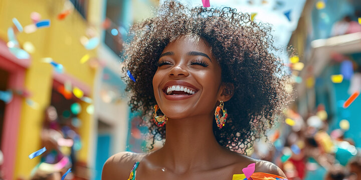 A joyful Black woman with curly hair celebrates carnival, surrounded by colorful confetti. Her beaming smile and vibrant earrings reflect the festive energy and happiness of the event.