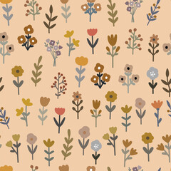 Seamless patterns flowers on brown background. Hand drawn design in cartoon style. Used for textiles, fashion prints, wallpapers, vector illustrations