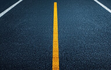 A close-up view of a yellow dividing line on a dark asphalt road, representing transportation, direction, and infrastructure.