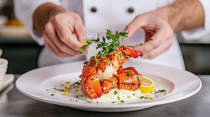 A chef garnishes a beautifully presented plate of lobster with fresh herbs and lemon, showcasing exquisite culinary artistry.