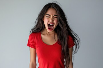 A woman in distress screams loudly while wearing a bright red shirt