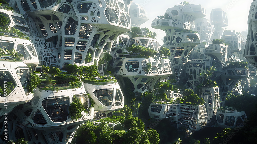 Poster exploring the harmony of futuristic architecture and nature a vision of integrated green living spac